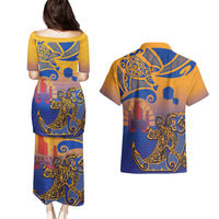 Hawaiki Nui Va'a Solo French Polynesia Couples Matching Puletasi and Hawaiian Shirt Sunset Color LT03 - Polynesian Pride