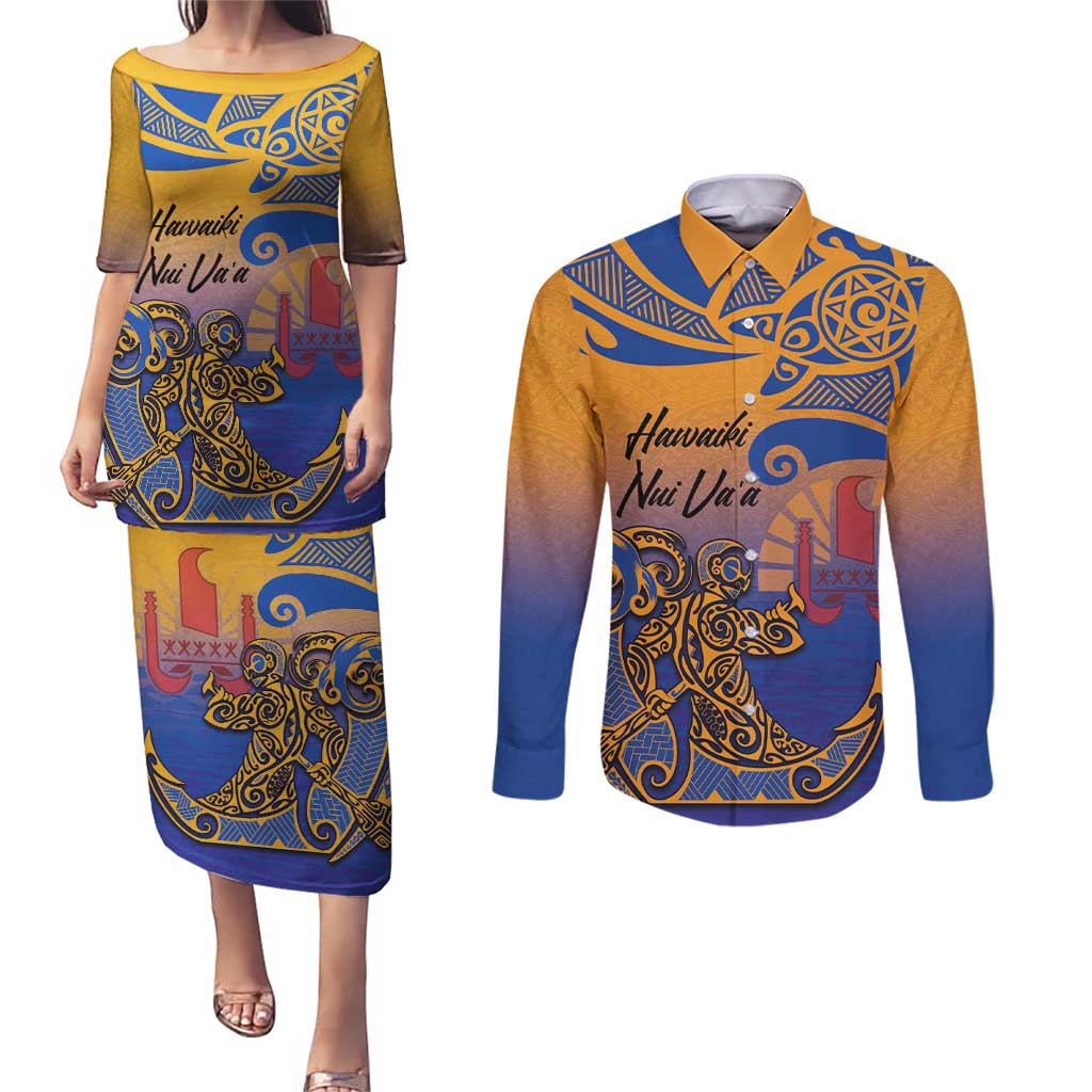 Hawaiki Nui Va'a Solo French Polynesia Couples Matching Puletasi and Long Sleeve Button Shirt Sunset Color LT03 Yellow - Polynesian Pride