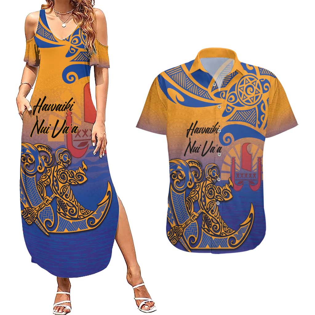 Hawaiki Nui Va'a Solo French Polynesia Couples Matching Summer Maxi Dress and Hawaiian Shirt Sunset Color LT03 Yellow - Polynesian Pride