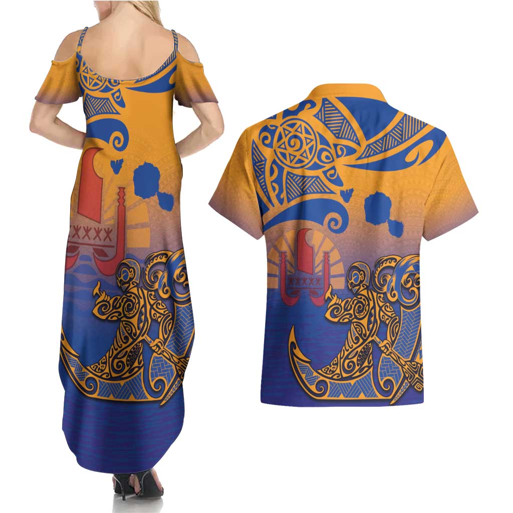 Hawaiki Nui Va'a Solo French Polynesia Couples Matching Summer Maxi Dress and Hawaiian Shirt Sunset Color LT03 - Polynesian Pride