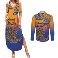 Hawaiki Nui Va'a Solo French Polynesia Couples Matching Summer Maxi Dress and Long Sleeve Button Shirt Sunset Color LT03 Yellow - Polynesian Pride