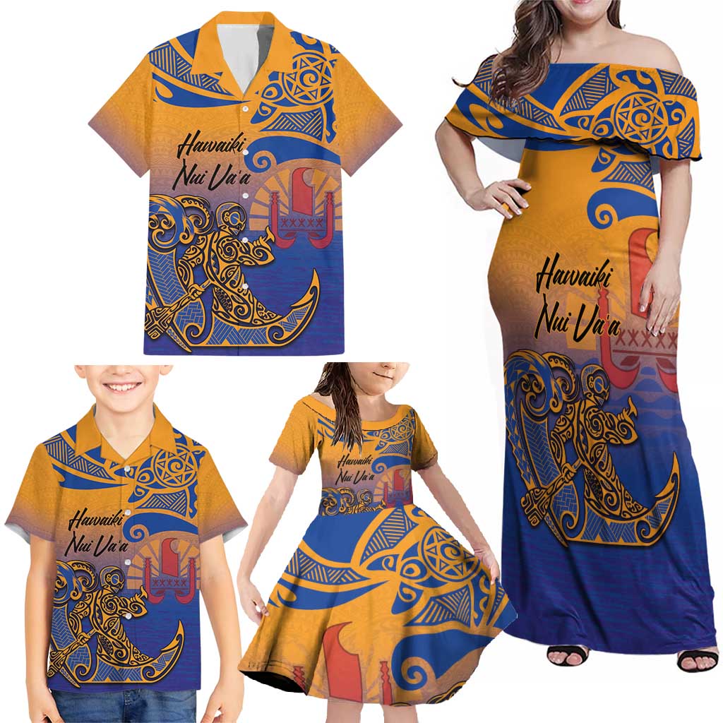 Hawaiki Nui Va'a Solo French Polynesia Family Matching Off Shoulder Maxi Dress and Hawaiian Shirt Sunset Color LT03 - Polynesian Pride