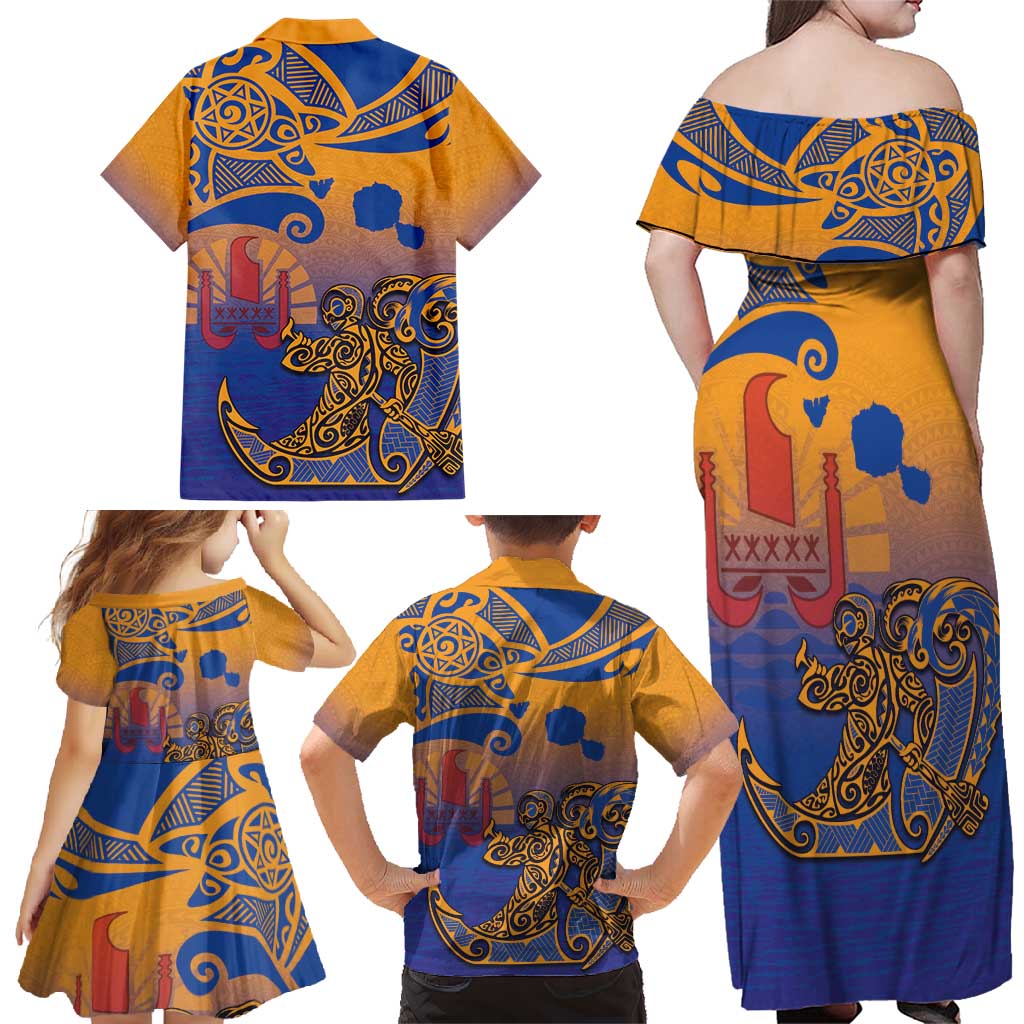 Hawaiki Nui Va'a Solo French Polynesia Family Matching Off Shoulder Maxi Dress and Hawaiian Shirt Sunset Color LT03 - Polynesian Pride
