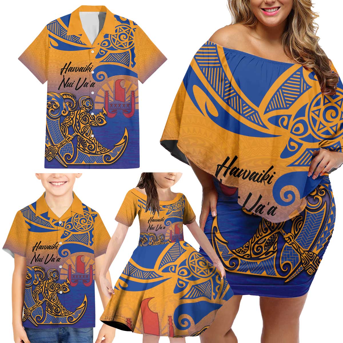 Hawaiki Nui Va'a Solo French Polynesia Family Matching Off Shoulder Short Dress and Hawaiian Shirt Sunset Color LT03 - Polynesian Pride