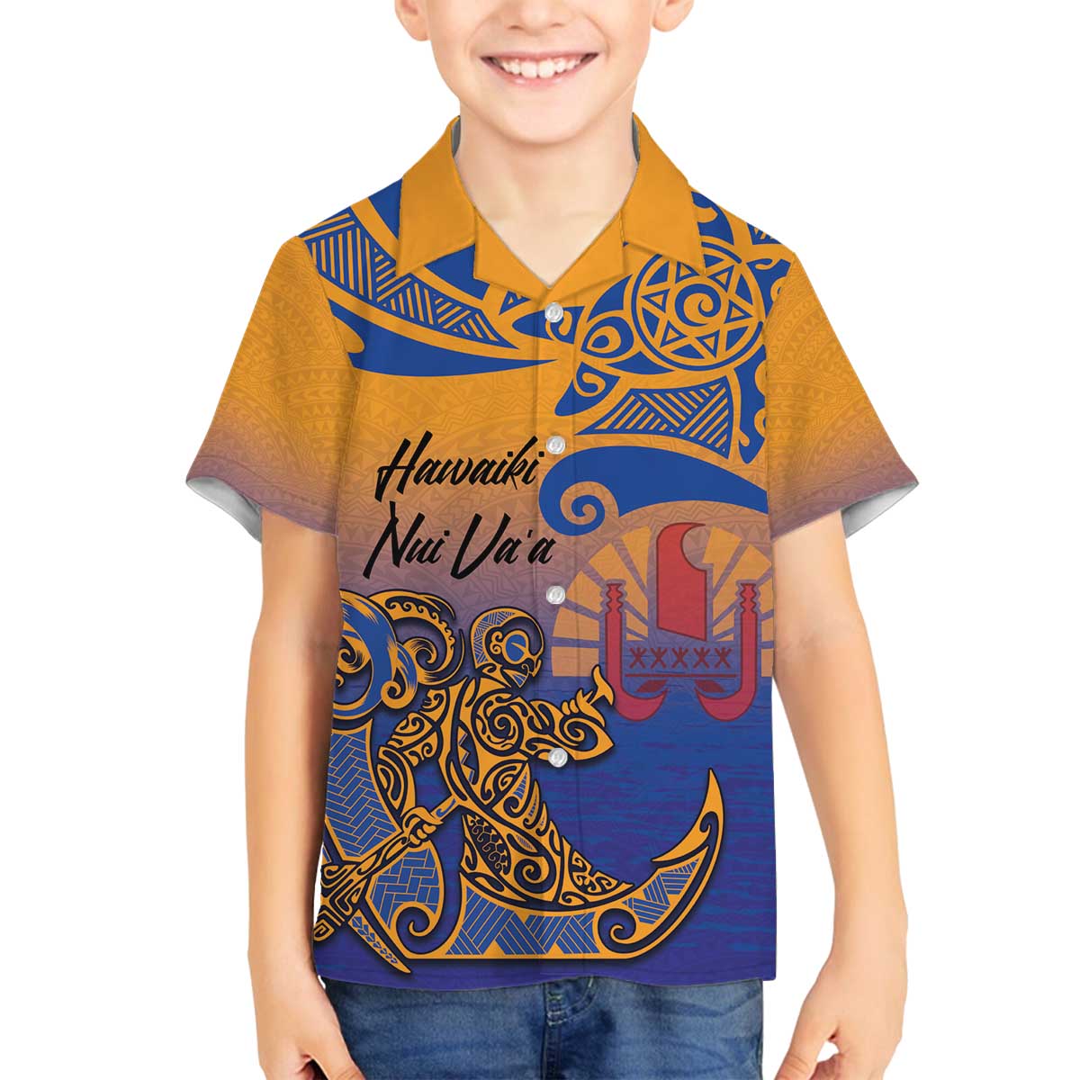 Hawaiki Nui Va'a Solo French Polynesia Family Matching Off Shoulder Short Dress and Hawaiian Shirt Sunset Color LT03 Son's Shirt Yellow - Polynesian Pride