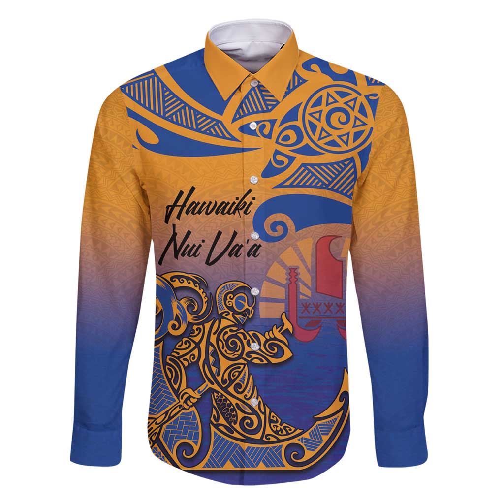 Hawaiki Nui Va'a Solo French Polynesia Family Matching Tank Maxi Dress and Hawaiian Shirt Sunset Color LT03 Dad's Shirt - Long Sleeve Yellow - Polynesian Pride