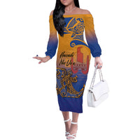 Hawaiki Nui Va'a Solo French Polynesia Off The Shoulder Long Sleeve Dress Sunset Color LT03 Women Yellow - Polynesian Pride