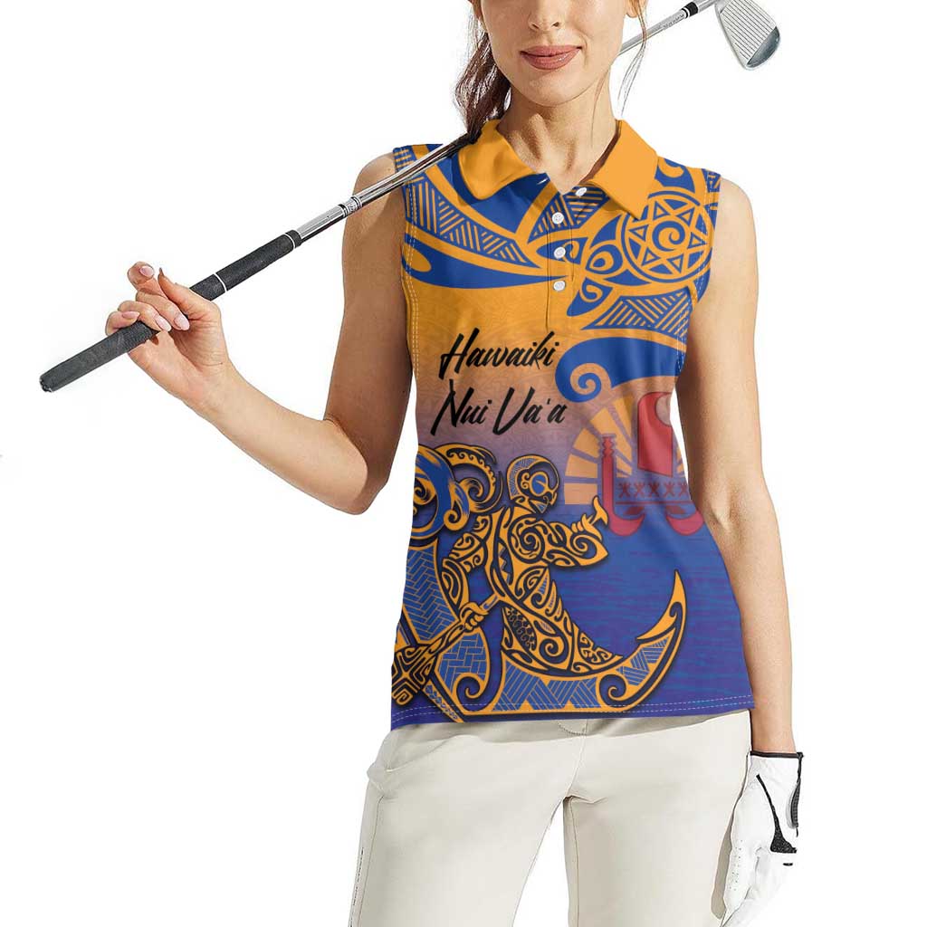 Hawaiki Nui Va'a Solo French Polynesia Women Sleeveless Polo Shirt Sunset Color LT03 - Polynesian Pride