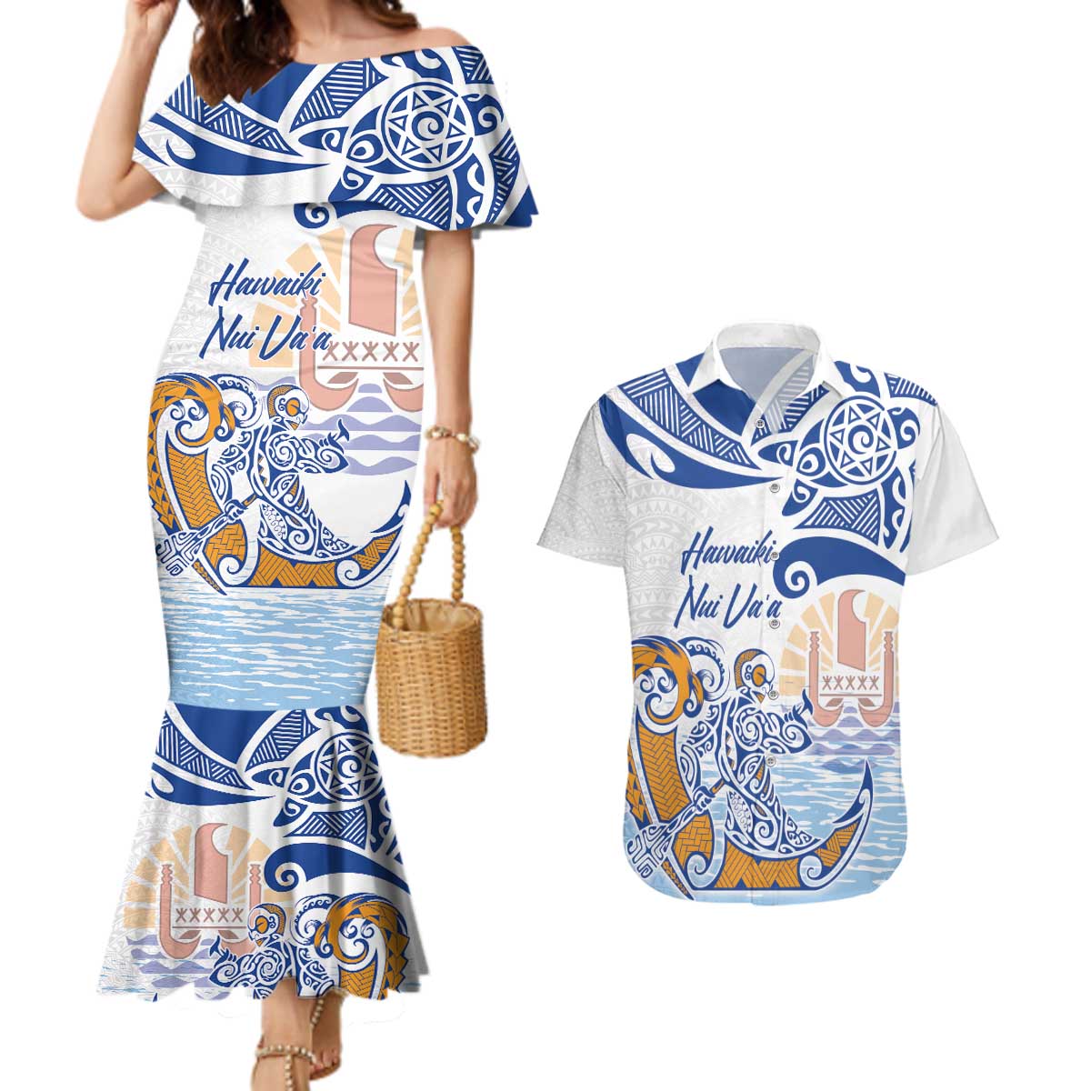 Hawaiki Nui Va'a Solo French Polynesia Couples Matching Mermaid Dress and Hawaiian Shirt Blue Color