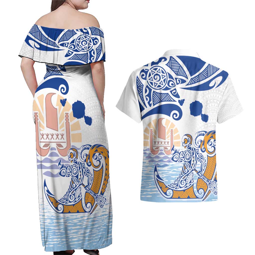 Hawaiki Nui Va'a Solo French Polynesia Couples Matching Off Shoulder Maxi Dress and Hawaiian Shirt Blue Color LT03 - Polynesian Pride