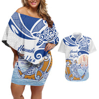 Hawaiki Nui Va'a Solo French Polynesia Couples Matching Off Shoulder Short Dress and Hawaiian Shirt Blue Color LT03 Blue - Polynesian Pride