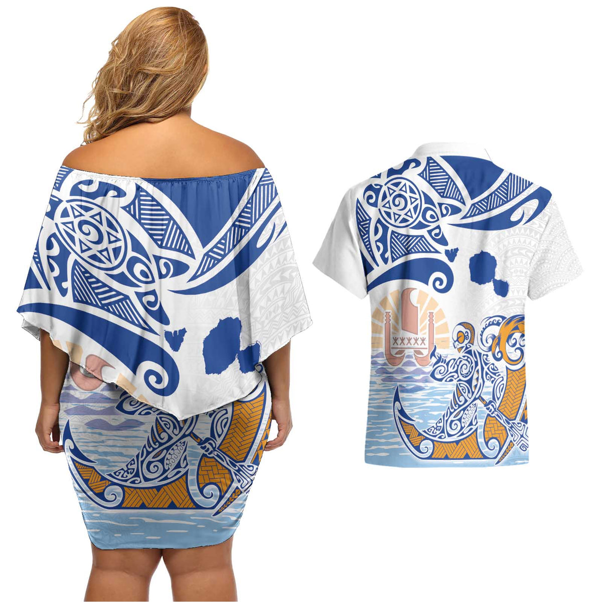 Hawaiki Nui Va'a Solo French Polynesia Couples Matching Off Shoulder Short Dress and Hawaiian Shirt Blue Color LT03 - Polynesian Pride