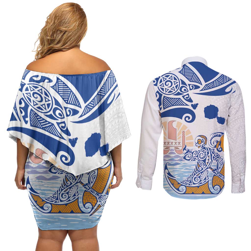 Hawaiki Nui Va'a Solo French Polynesia Couples Matching Off Shoulder Short Dress and Long Sleeve Button Shirt Blue Color LT03 - Polynesian Pride