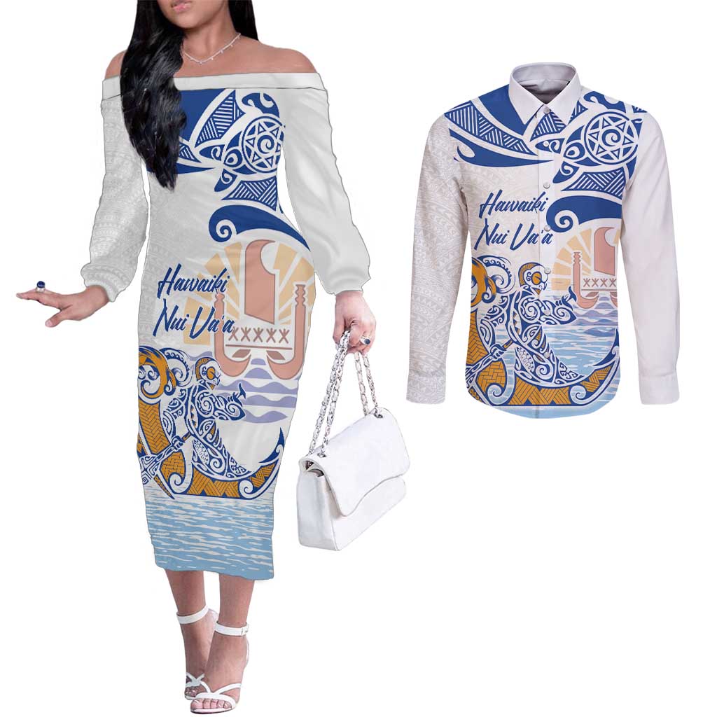 Hawaiki Nui Va'a Solo French Polynesia Couples Matching Off The Shoulder Long Sleeve Dress and Long Sleeve Button Shirt Blue Color LT03 Blue - Polynesian Pride