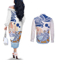 Hawaiki Nui Va'a Solo French Polynesia Couples Matching Off The Shoulder Long Sleeve Dress and Long Sleeve Button Shirt Blue Color LT03 - Polynesian Pride