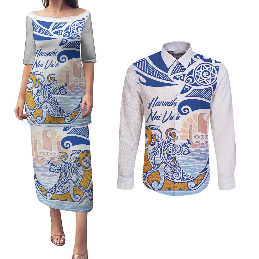 Hawaiki Nui Va'a Solo French Polynesia Couples Matching Puletasi and Long Sleeve Button Shirt Blue Color LT03 Blue - Polynesian Pride