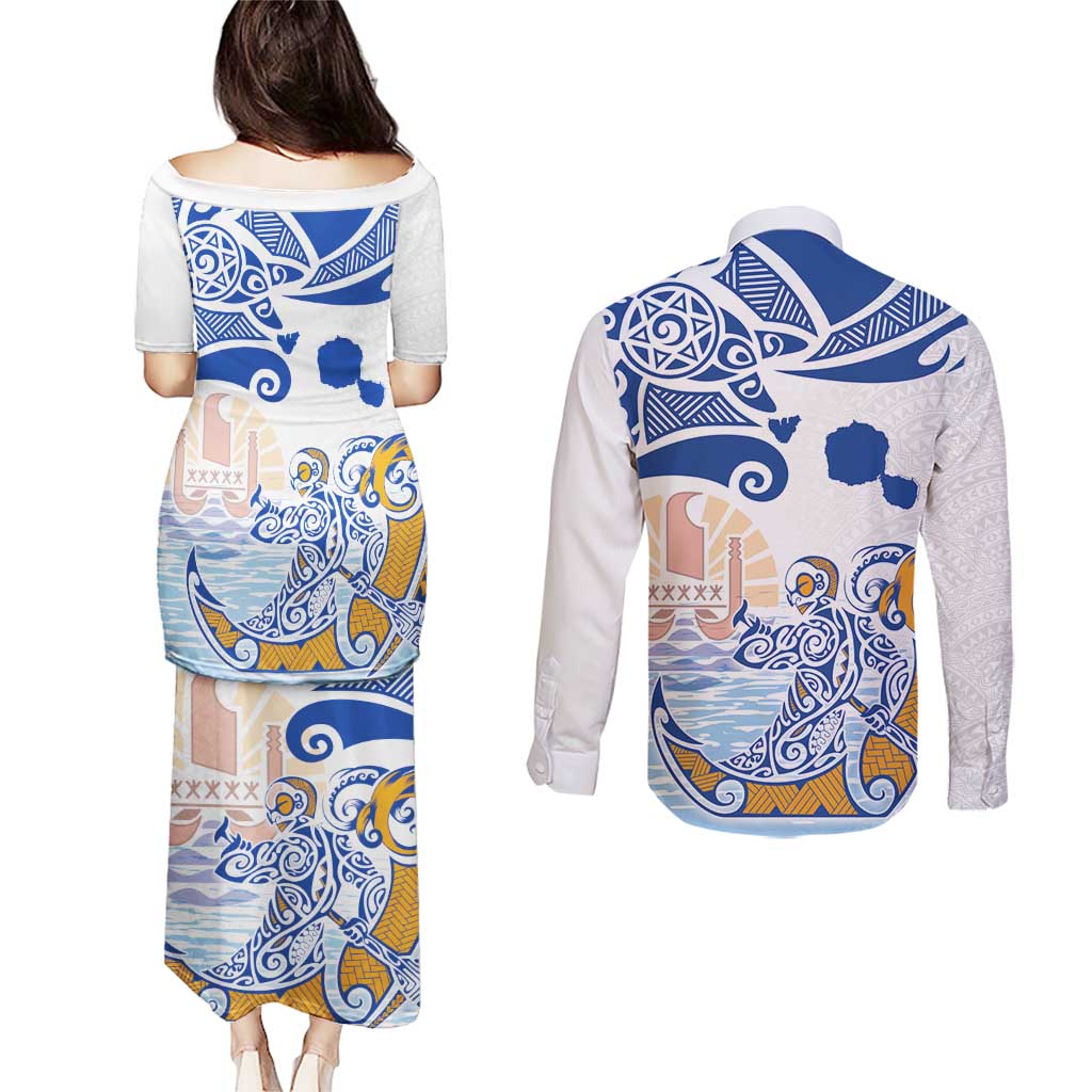 Hawaiki Nui Va'a Solo French Polynesia Couples Matching Puletasi and Long Sleeve Button Shirt Blue Color LT03 - Polynesian Pride