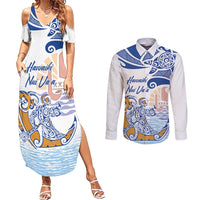 Hawaiki Nui Va'a Solo French Polynesia Couples Matching Summer Maxi Dress and Long Sleeve Button Shirt Blue Color LT03 Blue - Polynesian Pride