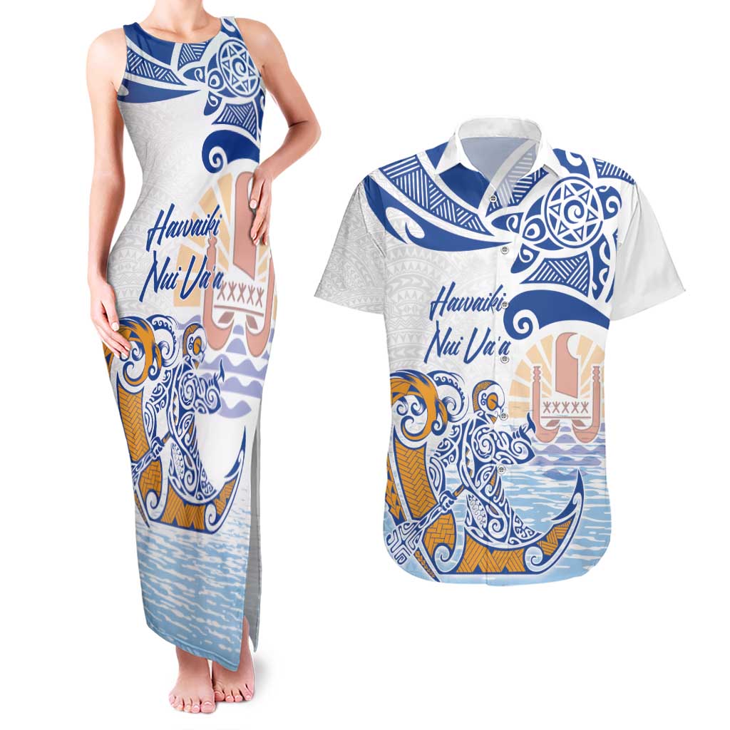 Hawaiki Nui Va'a Solo French Polynesia Couples Matching Tank Maxi Dress and Hawaiian Shirt Blue Color LT03 Blue - Polynesian Pride