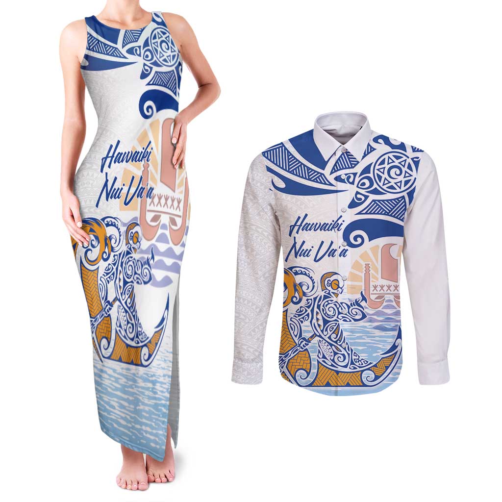 Hawaiki Nui Va'a Solo French Polynesia Couples Matching Tank Maxi Dress and Long Sleeve Button Shirt Blue Color LT03 Blue - Polynesian Pride