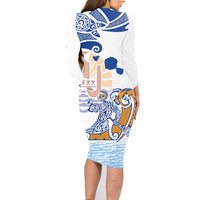 Hawaiki Nui Va'a Solo French Polynesia Family Matching Long Sleeve Bodycon Dress and Hawaiian Shirt Blue Color