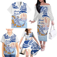 Hawaiki Nui Va'a Solo French Polynesia Family Matching Off The Shoulder Long Sleeve Dress and Hawaiian Shirt Blue Color LT03 - Polynesian Pride