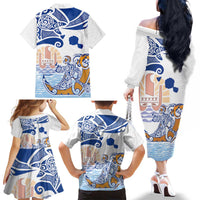Hawaiki Nui Va'a Solo French Polynesia Family Matching Off The Shoulder Long Sleeve Dress and Hawaiian Shirt Blue Color LT03 - Polynesian Pride
