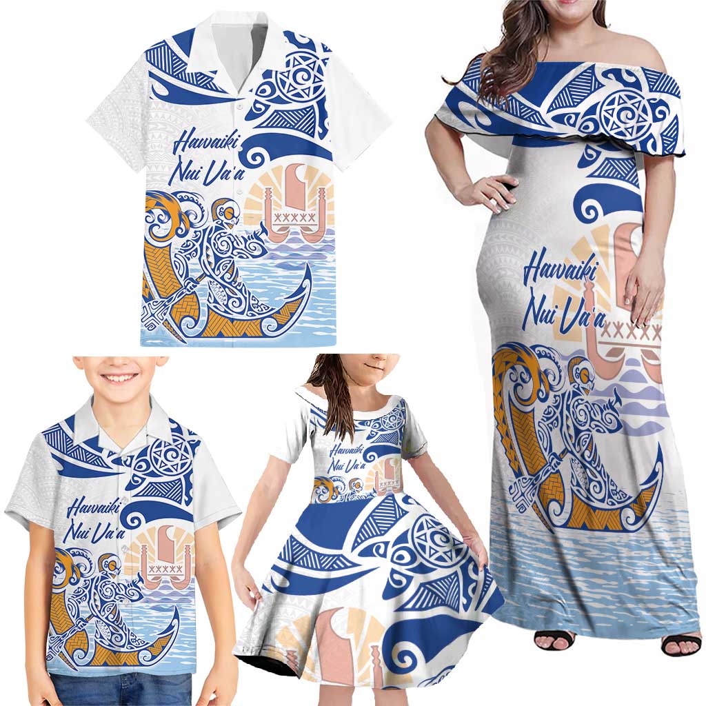 Hawaiki Nui Va'a Solo French Polynesia Family Matching Off Shoulder Maxi Dress and Hawaiian Shirt Blue Color LT03 - Polynesian Pride