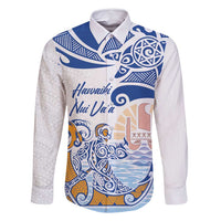 Hawaiki Nui Va'a Solo French Polynesia Family Matching Off Shoulder Maxi Dress and Hawaiian Shirt Blue Color LT03 Dad's Shirt - Long Sleeve Blue - Polynesian Pride