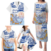 Hawaiki Nui Va'a Solo French Polynesia Family Matching Puletasi and Hawaiian Shirt Blue Color