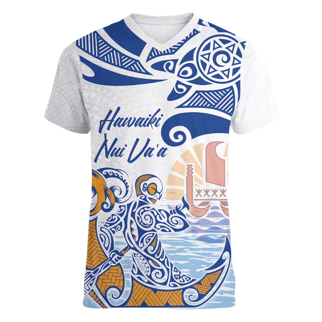 Hawaiki Nui Va'a Solo French Polynesia Women V-Neck T-Shirt Blue Color LT03 Female Blue - Polynesian Pride
