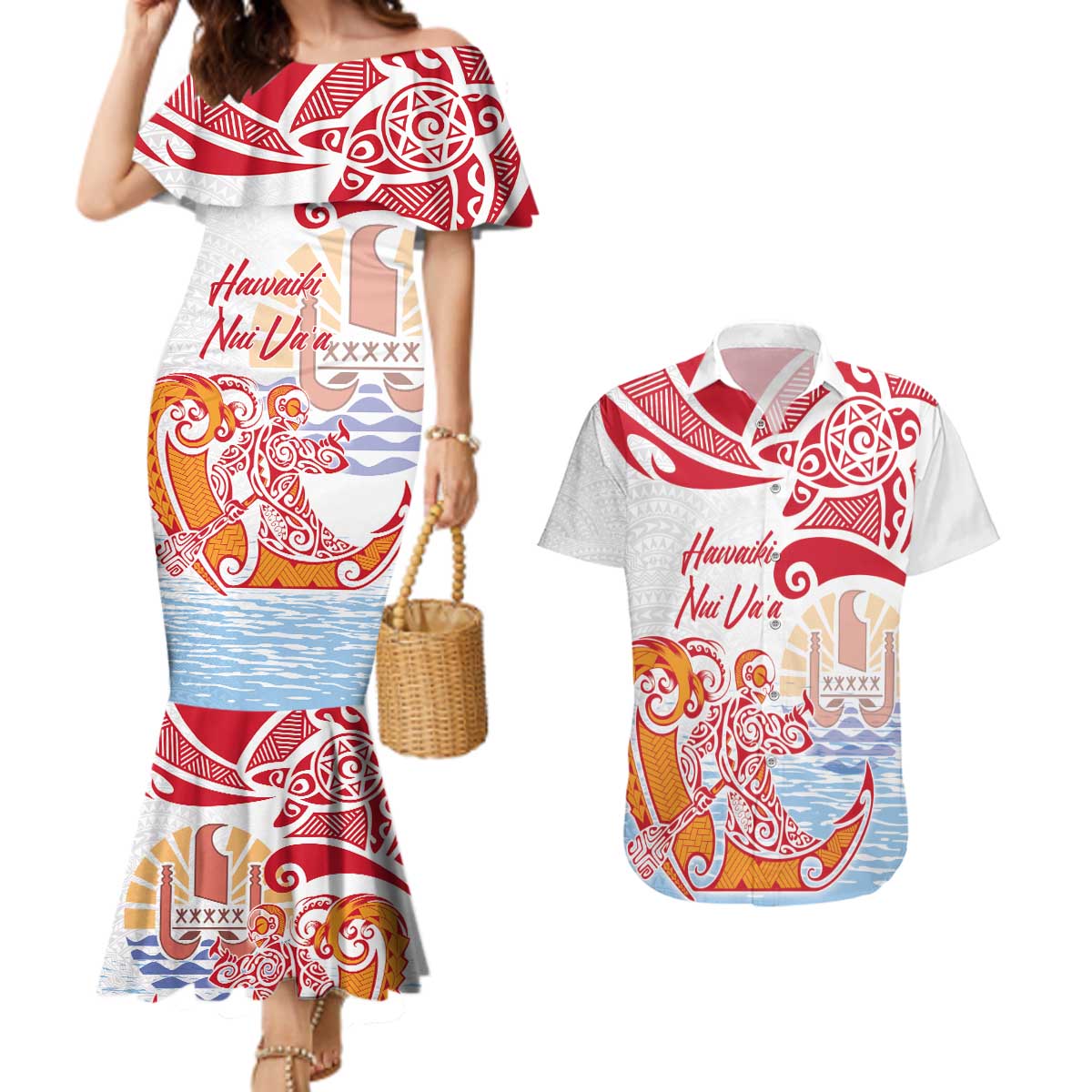 Hawaiki Nui Va'a Solo French Polynesia Couples Matching Mermaid Dress and Hawaiian Shirt Red Color