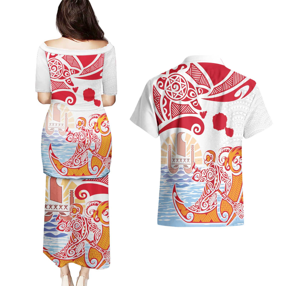 Hawaiki Nui Va'a Solo French Polynesia Couples Matching Puletasi and Hawaiian Shirt Red Color LT03 - Polynesian Pride