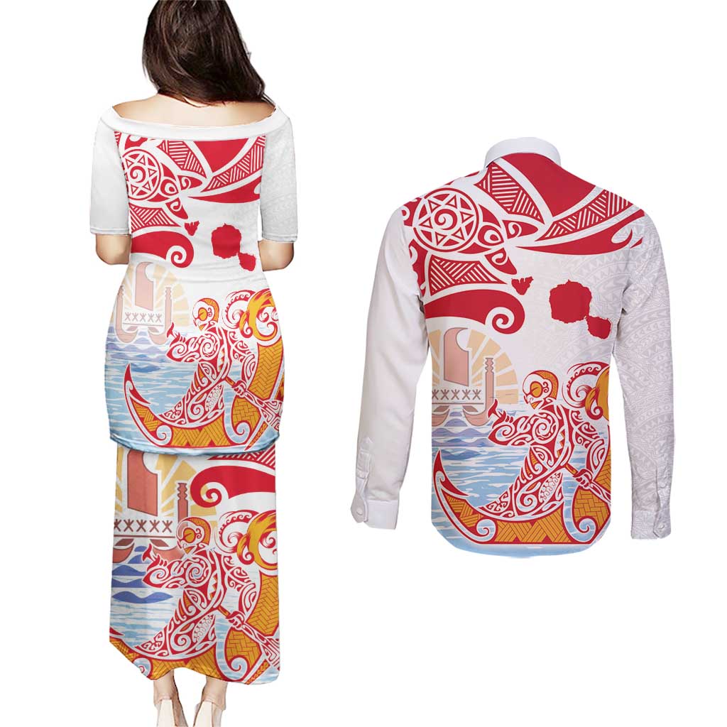 Hawaiki Nui Va'a Solo French Polynesia Couples Matching Puletasi and Long Sleeve Button Shirt Red Color LT03 - Polynesian Pride