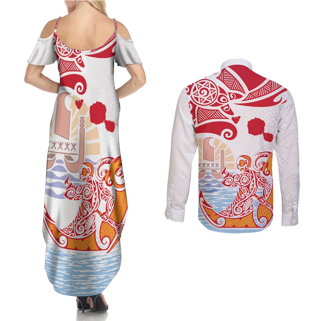 Hawaiki Nui Va'a Solo French Polynesia Couples Matching Summer Maxi Dress and Long Sleeve Button Shirt Red Color LT03 - Polynesian Pride