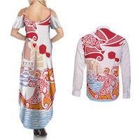 Hawaiki Nui Va'a Solo French Polynesia Couples Matching Summer Maxi Dress and Long Sleeve Button Shirt Red Color LT03 - Polynesian Pride