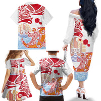 Hawaiki Nui Va'a Solo French Polynesia Family Matching Off The Shoulder Long Sleeve Dress and Hawaiian Shirt Red Color LT03 - Polynesian Pride