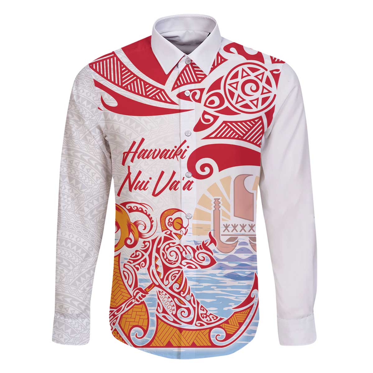 Hawaiki Nui Va'a Solo French Polynesia Family Matching Off Shoulder Short Dress and Hawaiian Shirt Red Color LT03 Dad's Shirt - Long Sleeve Red - Polynesian Pride