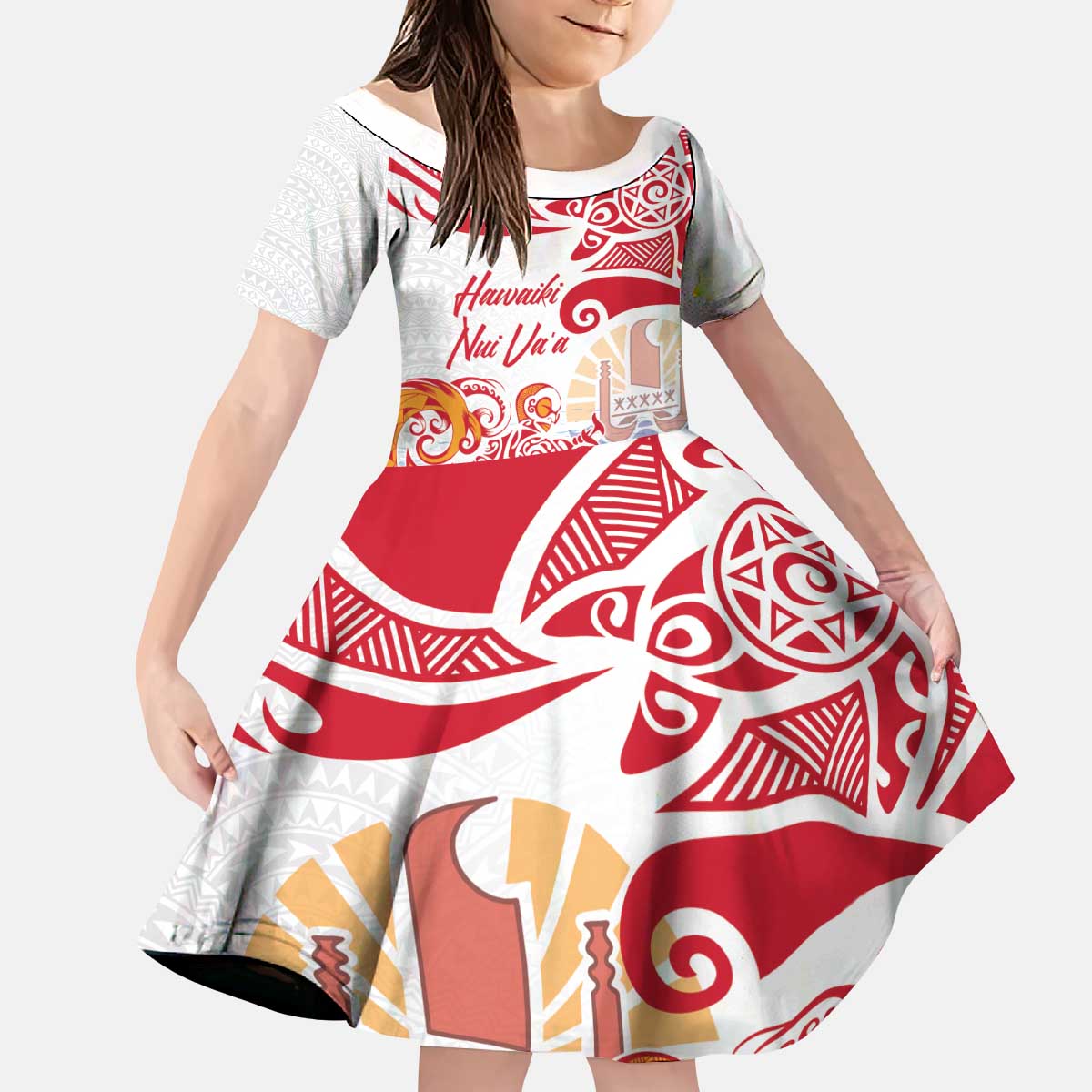 Hawaiki Nui Va'a Solo French Polynesia Kid Short Sleeve Dress Red Color