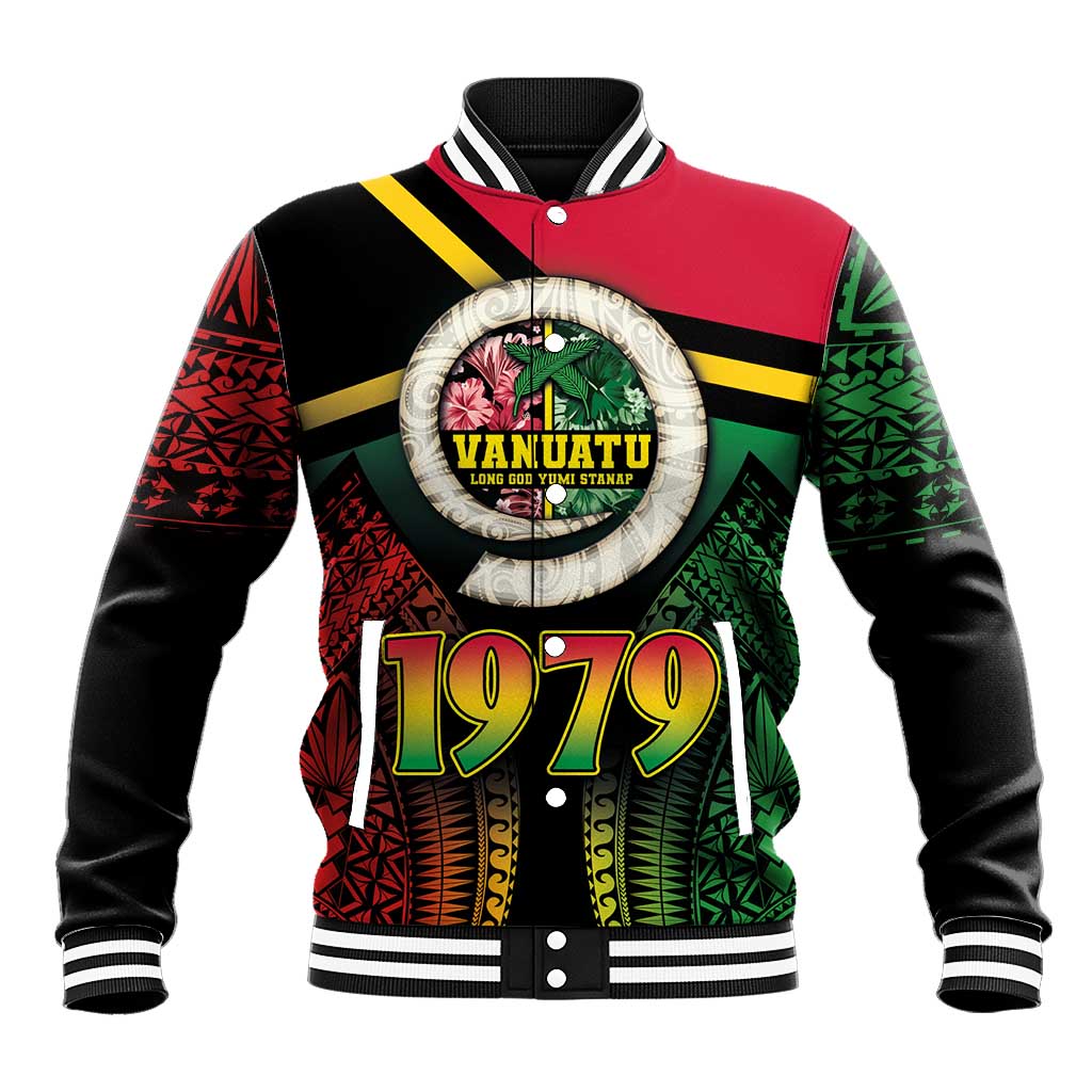 Vanuatu Constitution Day Baseball Jacket Polynesian Tattoo and Pig Tusk Since 1979 LT03 Unisex Black - Polynesian Pride