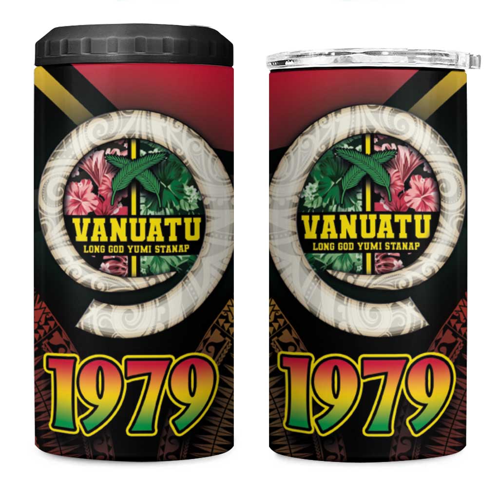 Vanuatu Constitution Day 4 in 1 Can Cooler Tumbler Polynesian Tattoo and Pig Tusk Since 1979
