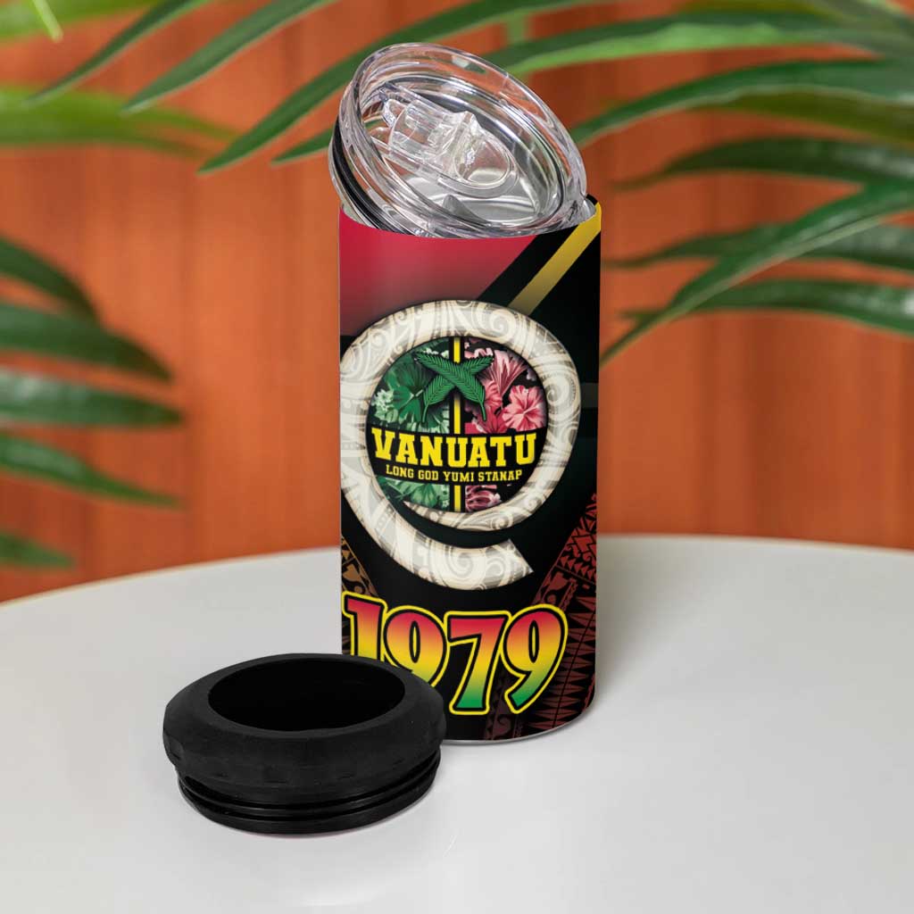 Vanuatu Constitution Day 4 in 1 Can Cooler Tumbler Polynesian Tattoo and Pig Tusk Since 1979 LT03 - Polynesian Pride