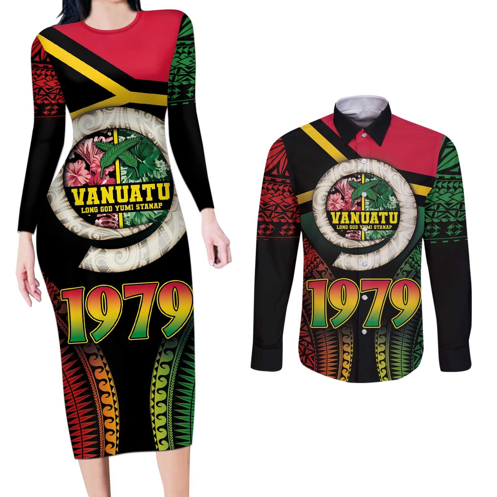Vanuatu Constitution Day Couples Matching Long Sleeve Bodycon Dress and Long Sleeve Button Shirt Polynesian Tattoo and Pig Tusk Since 1979 LT03 Black - Polynesian Pride