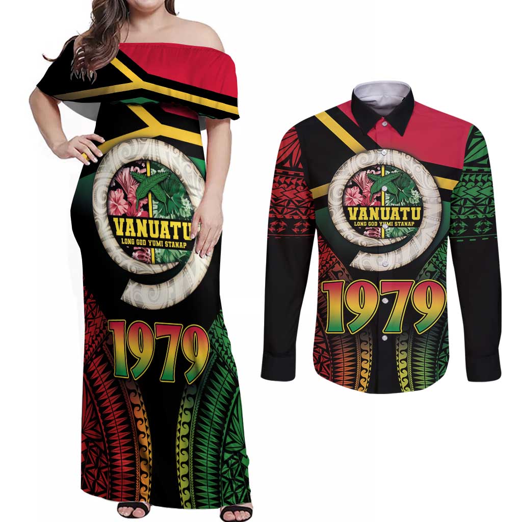 Vanuatu Constitution Day Couples Matching Off Shoulder Maxi Dress and Long Sleeve Button Shirt Polynesian Tattoo and Pig Tusk Since 1979 LT03 Black - Polynesian Pride