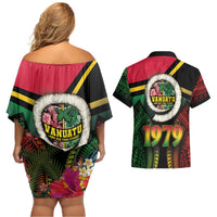 Vanuatu Constitution Day Couples Matching Off Shoulder Short Dress and Hawaiian Shirt Polynesian Tattoo and Pig Tusk Since 1979 LT03 - Polynesian Pride