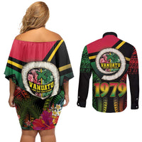 Vanuatu Constitution Day Couples Matching Off Shoulder Short Dress and Long Sleeve Button Shirt Polynesian Tattoo and Pig Tusk Since 1979 LT03 - Polynesian Pride