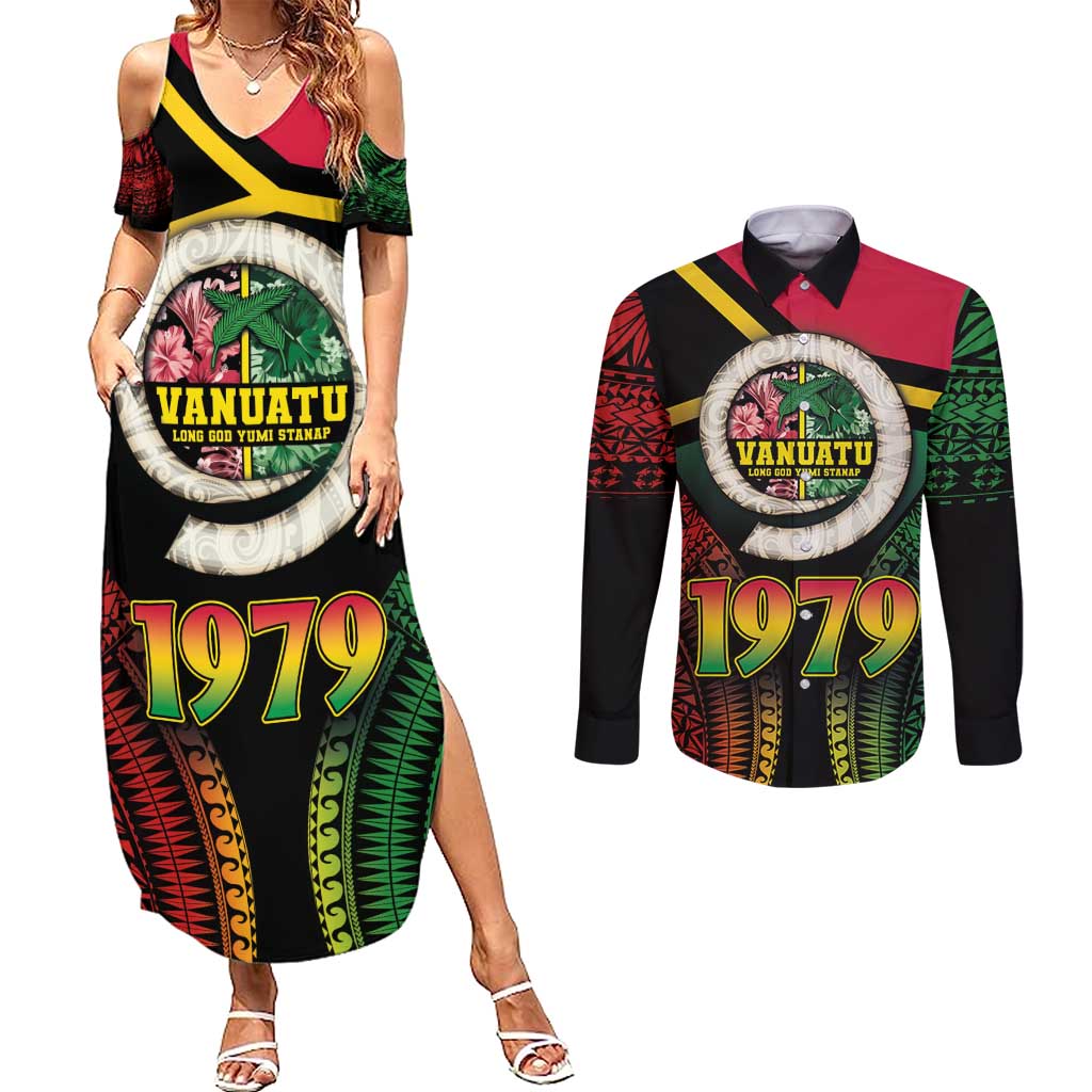 Vanuatu Constitution Day Couples Matching Summer Maxi Dress and Long Sleeve Button Shirt Polynesian Tattoo and Pig Tusk Since 1979 LT03 Black - Polynesian Pride