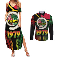Vanuatu Constitution Day Couples Matching Summer Maxi Dress and Long Sleeve Button Shirt Polynesian Tattoo and Pig Tusk Since 1979 LT03 Black - Polynesian Pride