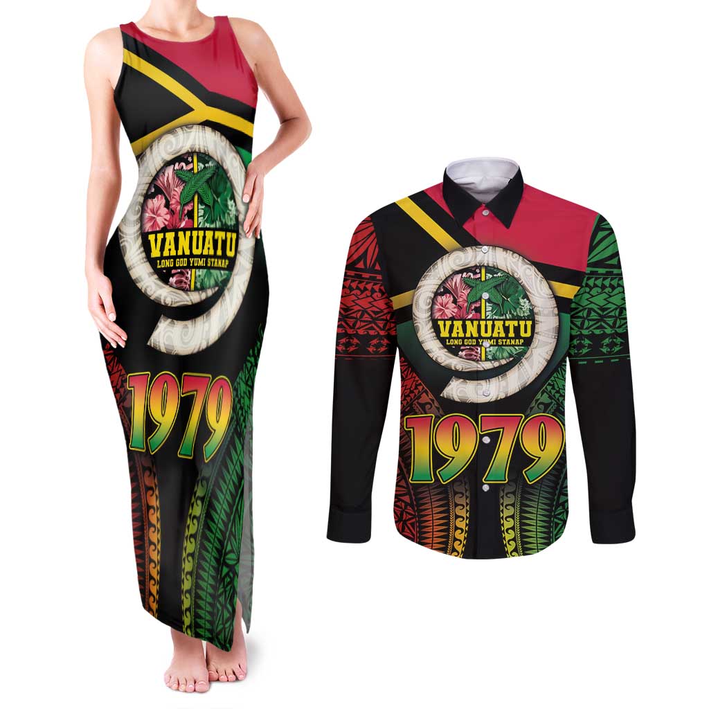 Vanuatu Constitution Day Couples Matching Tank Maxi Dress and Long Sleeve Button Shirt Polynesian Tattoo and Pig Tusk Since 1979 LT03 Black - Polynesian Pride