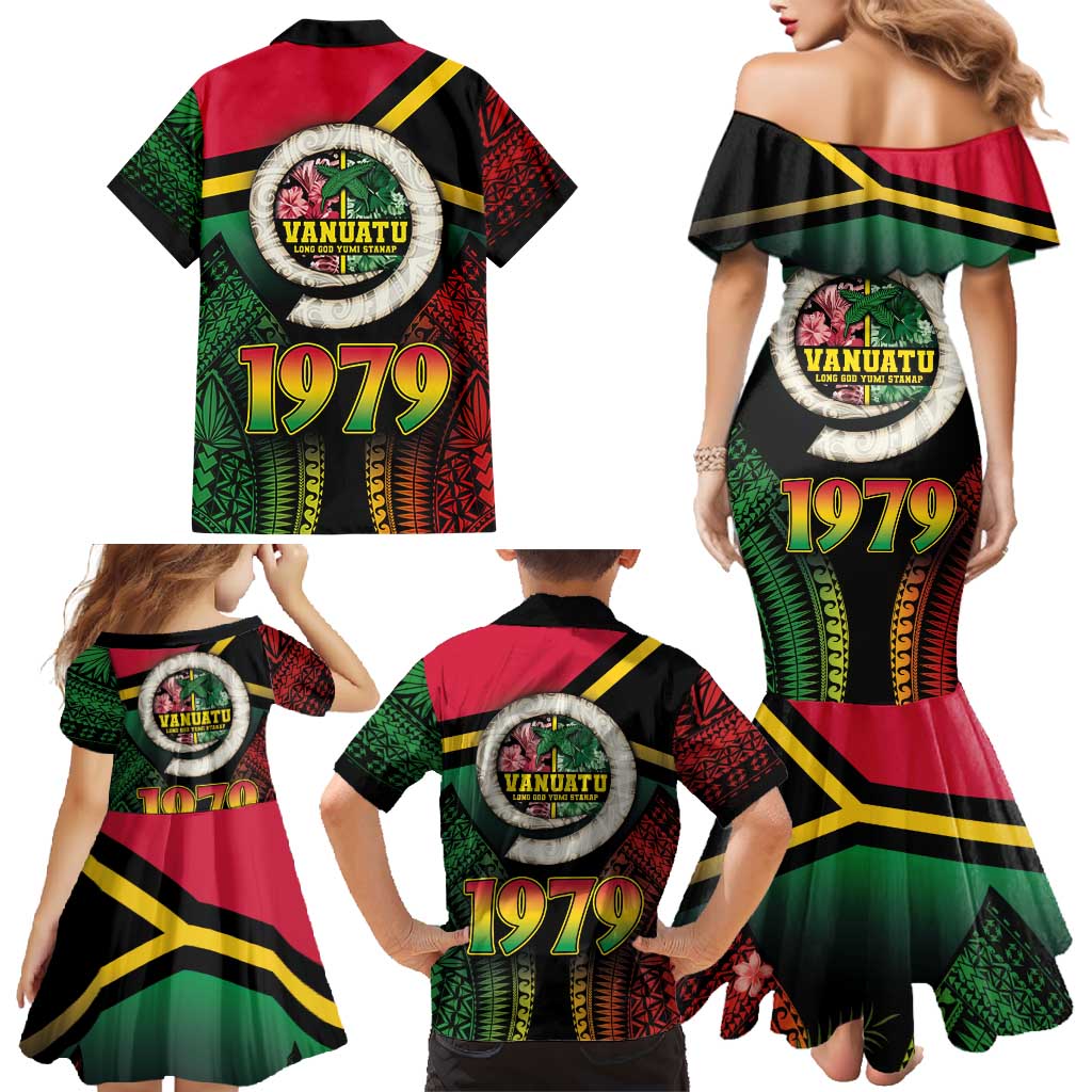Vanuatu Constitution Day Family Matching Mermaid Dress and Hawaiian Shirt Polynesian Tattoo and Pig Tusk Since 1979 LT03 - Polynesian Pride